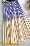 Summer Gradient Color Skirt High-waisted Striped Pleated Skirts Women Casual Midi Long Skirts Streetwear QH1794-Outfit