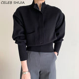 Chic Zipper Woolen Sweater Woman Autumn Stand Collar Gray Long-sleeve Warm Knitting Jumper Woman Fall Slim Waist
