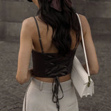 Woherb French Sexy Show Thin Pure Desire Jacket Summer Burst Satin Fish Bone Temperament Condole Belt Vest Woman-Outfit