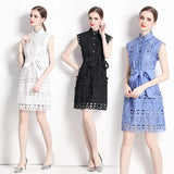 French Temperament Court Hollow Lace A Dress Summer Collar Thin Dress
