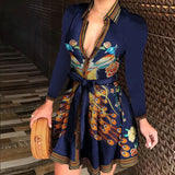 Women Deep V-neck Mini Dress Spring Autumn Long Sleeve Floral Print Dresses Laides High Waist Party Dresses