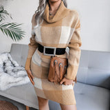 Autumn And Winter Casual Lattice Turtleneck Sweater Dress Knitted Dress Women's