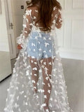 Women Mesh Lace Beach Dress Sexy Sheer Mesh 3D Butterflies Bandage Perspective Cardigan Tops With Belt Beachwear