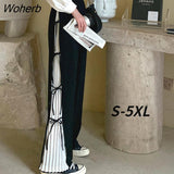 Women Patchwork Loose Summer Preppy Casual Korean Style Wide Leg Trousers All-match High Waist Teens Cozy New Design Cozy-Outfit