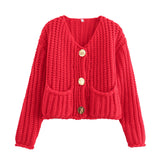 Women's Solid Color Single Buckle Double Pocket Short Thick Knit Shirt Coat Top