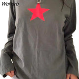 Ribbed Long Sleeve Graphic Star Print T-shirts Women Y2k Vintage Aesthetic Top Tees Grunge Autumn Basic Streetwear-Outfit