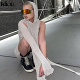 Kliou Knitted Dress Women Sexy See Through X-Long Hoody Tops+One Shoulder Drawstring Ruched Robe Skirt Hipster Future