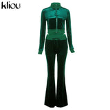 Kliou Solid Velour Two Piece Set Women Simple Casual Zipper Long Sleeve Turtleneck Top+Bandage Lace Slim Female Wide Leg