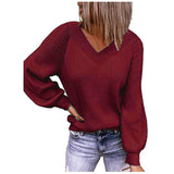 Woherb And Winter New Large Size Loose Sweater V-Neck Pure Color Pullover Sweater Female-Outfit