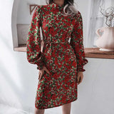 Floral Printed Dress 2022 ZANZEA Women Autumn Long Lantern Sleeve Elegant Stand Collar Sundress Casual Midi