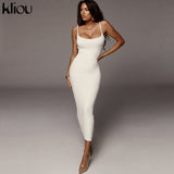 Kliou strap backless sexy bodycon midi long dress new women high waist cotton striped dresses elegant fashion party