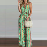 hirigin Women Floral Print Sleeveless V-neck Halter Backless Slit WideLeg Jumpsuit Streetwear Summer Boho Long Playsuit