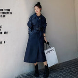 Elegant European Style Long PU Leather Trench Coat Women Double-Breasted with Belt Spring Autumn Lady