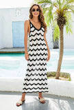 Black Romantic Strap Sleeveless Striped Print Hollow Out Midi Loose Holiday