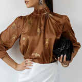 Women Satin Blouse 2022 Fashion Elegant Tunic Slik Tops Autumn Solid High Collar Shirt Long Sleeve Party Blusas