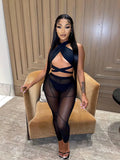 hirigin Sexy Women 2 Pieces Sets Criss-cross Halter Tube Crop Tops Tank and Mesh Sheer See Through High Waist Leggings