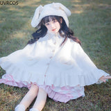 Winter Kawaii Lolita Woolen Shawl Coat Women Sweet Bow Bunny Ears Heart Shaped Button Capes Plush Warm Poncho Outerwear-Outfit