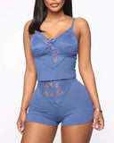 hirigin Casual Home Pajamas Set 2 Pieces Nightwear Set for Women Solid Color Lace V-Neck Sleeveless Top and