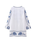 2023 Women Summer Mini Dress Vintage Floral Embroidery V-Neck Long SLeeve Female Elegant Street Loose Dresses Clothing-Outfit