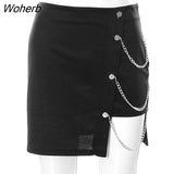 Sexy Woman Skirts Ashymetrical High Fashion Mujer Fladas High Waist Black Y2k Mini Skirt Zipper Closure Chain Decor-Outfit