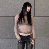 Autumn Round Collar Full Sleeves Graphic Slimfit Pullover Shirt Sexy Mesh Sheering Girls Streetwear Skinny Blouse Top-Outfit