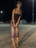 Mesh Off Shoulder Black Sleeveless Patchwork See Through Sexy Midi Dress 2022 Summer Bodycon Holiday Party Outfits