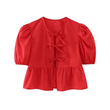 ZRN-Women's Lace Up Cropped Blouses, Puff Sleeves, O Neck, Female Shirts, Chic Tops, Fashion-Outfit