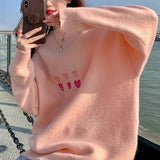 Woherb Sense Minority Love Embroidery Soft Waxy Sweater Female Early Autumn Loose Retro Lazy Wind Knit Sweater Top-Outfit