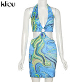 Kliou Tie Dry Two Piece Set Women 2021 Sexy Halter Sequined Beachwear Cleavage Crop Top+Mini Skirt Suit Female платье