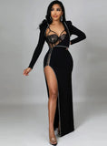 Sexy Lace See Through Straps Bodysuit and Long Sleeve Beaded Slit Long Dress 2 Piece