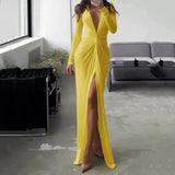 Woherb New Solid Color Dress Summer Fashion Sexy Slit V Neck Long Sleeve Solid Slim Pleated Skirt Dress-Outfit
