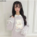 Sytle Kawaii Lolita Knitted Pullover Women Cute Cartoon Bear Embroidery Bow Bandage Sweater Female Sweet Chic Bunny Top-Outfit