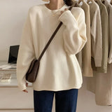 Woherb New 2023 Autumn And Winter Of 2023 Korean Curly Edge Casual Simple Pure Color Round Collar Sweater Women's Fashion Versatile Knit Top-Outfit