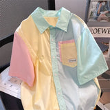 Short-sleeve Shirts for Women Patchwork Macarone Contrast Summer Blouse All-match Daily Chemise Femme Korean Chic Top-Outfit
