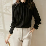 Spring Long-Sleeved Shirt Elegant Temperament Loose Wooden Ear Collar Loose French Silk Silk Top