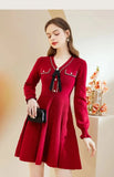 Autumn winter new in Chic Red knit dress women long sleeves O-Neck Button elegant Party dresses-Outfit