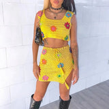 Floral Crochet Crop Cami Top and High Waist Split Skirt Summer Knitted Suit Beach Vacation Two Piece Set Women