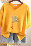 100% Cotton L-5XL Plus Size T Shirt Print Short Sleeve Women's Top Japanese Summer Sweet Couple V Neck Oversize T Shirts-Outfit