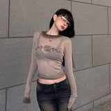 Autumn Round Collar Full Sleeves Graphic Slimfit Pullover Shirt Sexy Mesh Sheering Girls Streetwear Skinny Blouse Top-Outfit