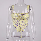 hirigin Floral Cami Top Women Sweet Print Hollow Up Tie Up Sexy Crop Top Summer Sleeveless Ruched Boning Bustier Casual Tank