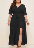 Plus Size V-neck Short Sleeve Slit Maxi Dress with