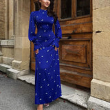 Woherb Women's 2023 New Print Round Collar Long-Sleeved Dress Autumn Fashion Waist Pendant Satin Dress-Outfit