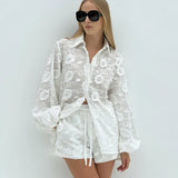 Woherb Suit 2024 Spring Autumn New Fashion Cotton Embroidered See-Through Shirt High Waist Shorts-Outfit