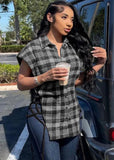 Sexy Plaid Bandage Hollow Out Button Sleevess