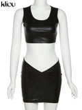 Kliou Simple Faux PU Leather Two Piece Set Women Concise Skinny Sleeveless Vest+ Sexy Unique Cut Out Skirt Streetwear