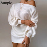 Women Winter Party Club Long Sleeve Sweater Knitted White Mini Dress Sexy Women Casual Off Shoulder Loose Short