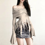 Woherb Autumn Waste Soil Exposed Shoulder Irregular Slim One Word Shoulder Sexy Hot Girl Slim Show Thin Top-Outfit