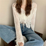 Woherb Out Thin Jacket Summer 2024 New Draw Rope V Collar Short Money Wearing Sunscreen Shirt Sweet Spicy Short Sleeve Knit Women-Outfit