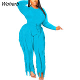 Elegant Women's Set Long Sleeve T-shirt and Tassel Pants Suit Autumn Winter Active Tracksuit Two 2 Piece Set Outfits-Outfit
