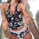 Y2K Casual Print Women Tracksuit Shorts Matching Set Halter Sexy Tops And Mini Biker Skinny Shorts Two Piece Set